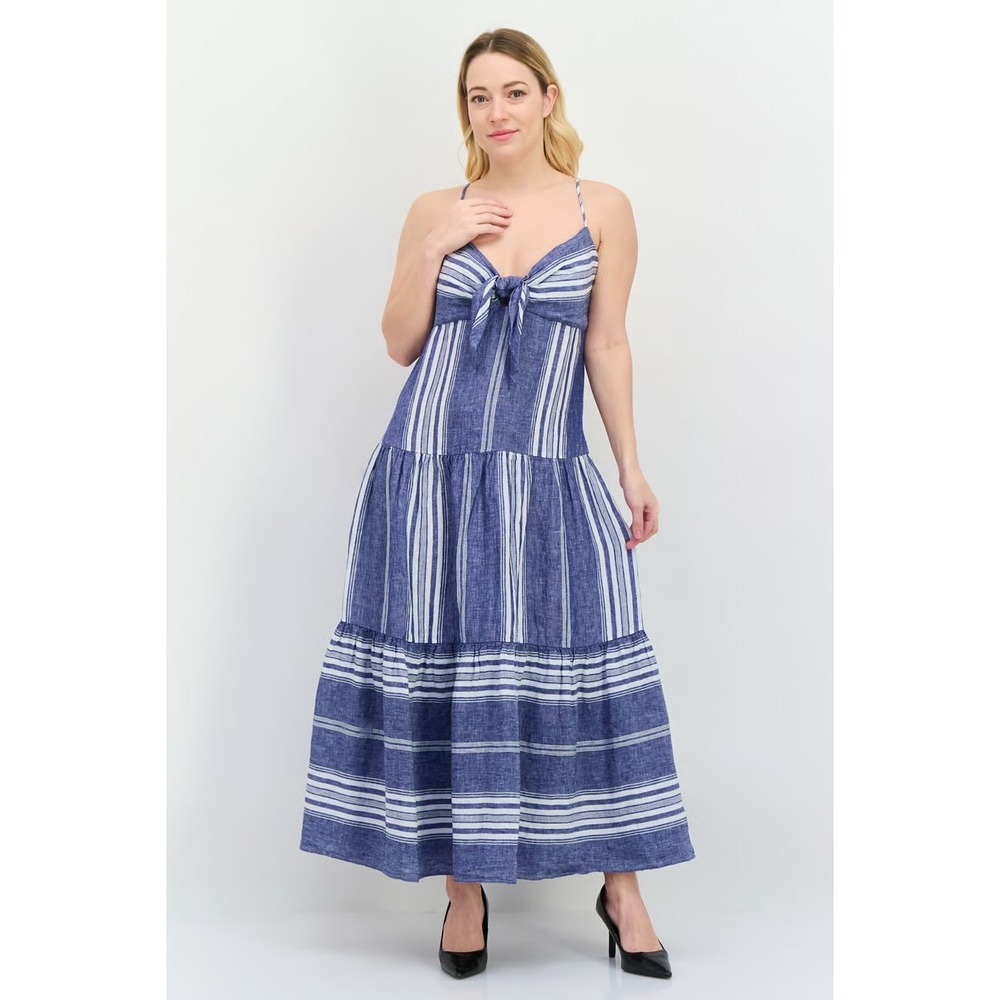 Lauren Ralph Lauren Women Blue White Striped Linen Blend Tiered Maxi Dress 14